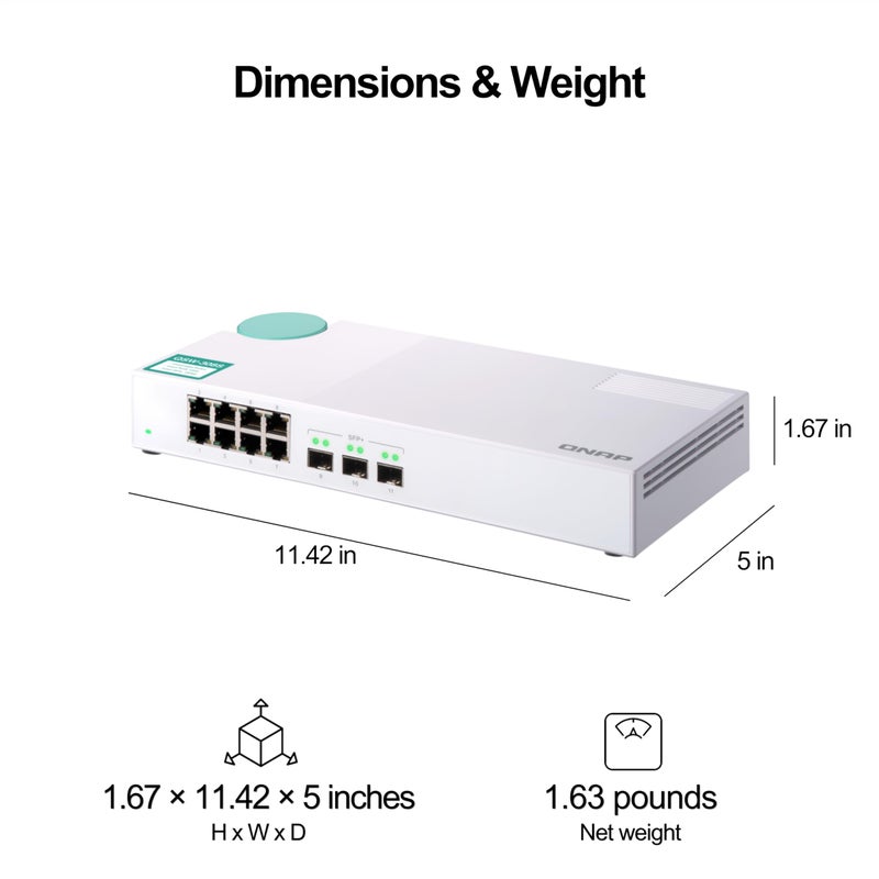 QNAP مفتاح QNAP QSW-308S 10GbE، مع 3 منافذ 10G SFP+ و 8 منافذ جيجابت غير مُدارة - Image 3